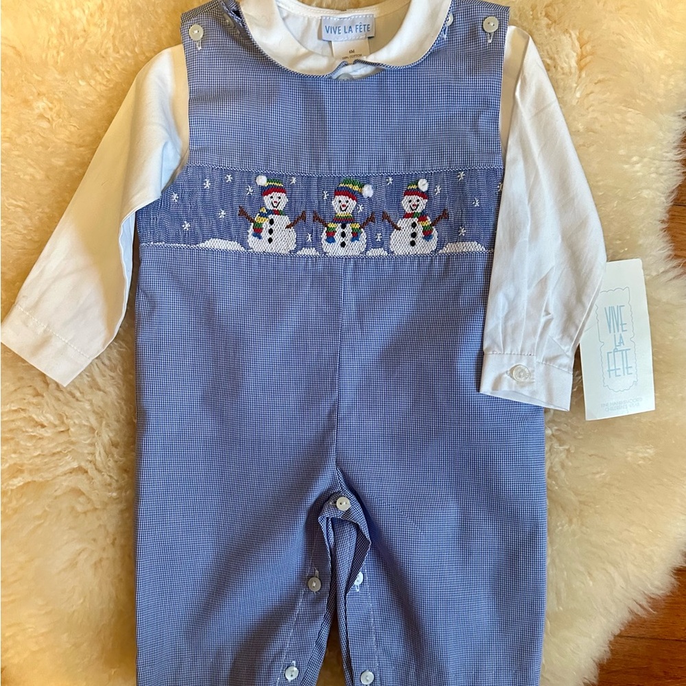 NWT Vive La Fête Smocked Snowman Longall with Peter Pan Collar Shirt 6M